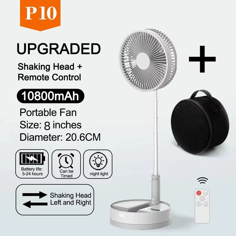 P10 10800Mah Folding Portable Fan USB Remote Control Air Cooler Silent Rechargeable Wireless Floor Standing Fan for Camping Desk