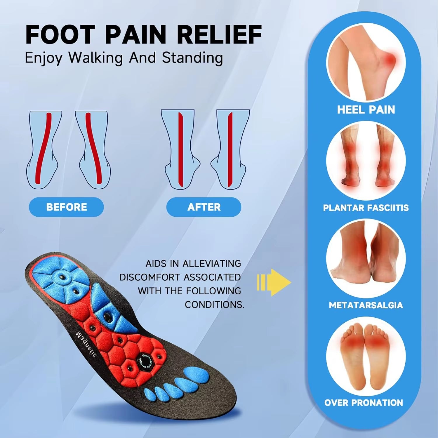 1 Pair Magnetic Therapy Foot Acupressure Insole Arch Support Health Massage Shoes Soles Reflexology Anti-Fatigue Comfort Inserts